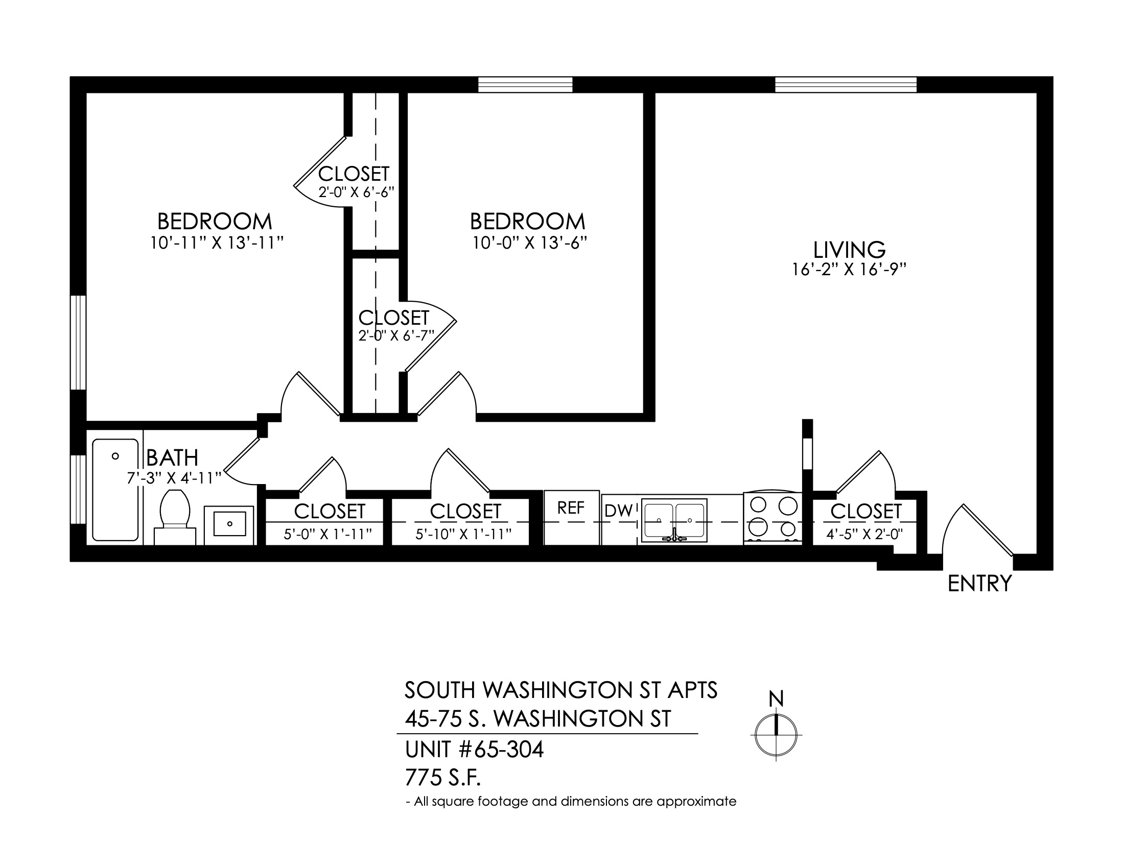 Floor plan for 2 beds, 1 bath, 675 sqft
